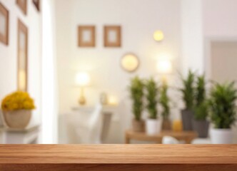 Wooden Table Overlooking Softly Focused Modern Lounge in 3D