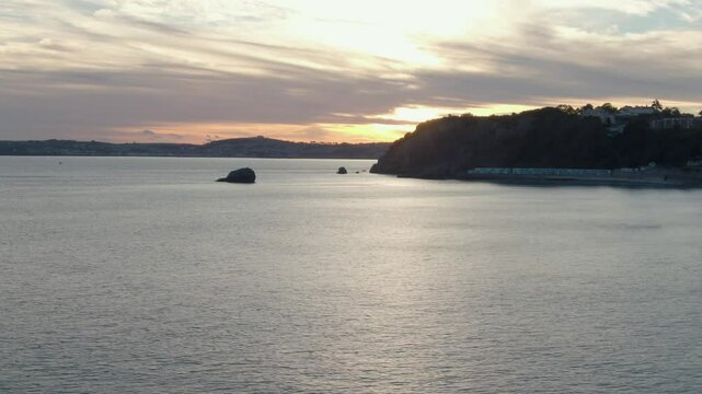 Torquay Sunset Drone over Sea at dusk Ariel view in Devon, England, UK