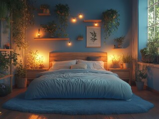 a cozy dark blue bedroom interior mockup presents a serene atmosphere, showcasing soft textures and ambient lighting that emphasizes relaxation and comfort