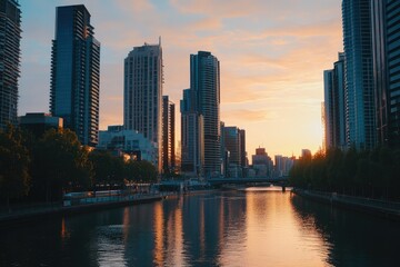 Fototapeta premium Stunning Panoramic View of City Skyline at Sunset