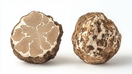 Two Large Irregularly Shaped Truffles on White Background with Marbled Interior and Rough Bumpy Exterior
