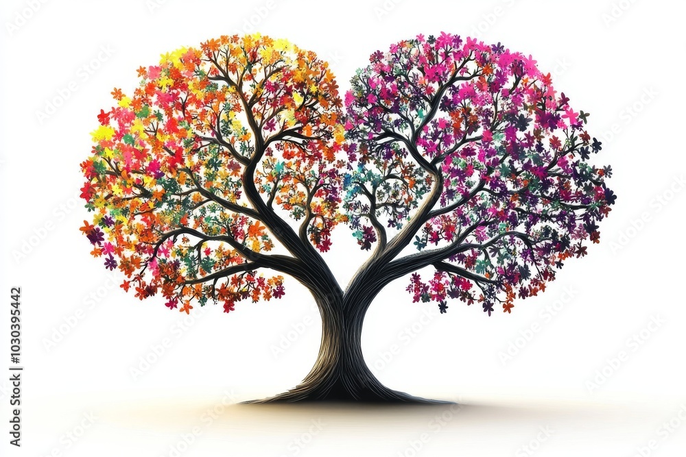 Poster vibrant multicolored tree with different seasons on either side symbolizing growth change and the cy