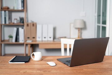 Minimal workspace with laptop, home office, work from home.