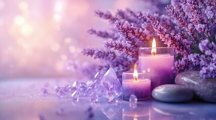 A lavender spa composition with pastel purple elements, including aromatherapy candles and zen stones. The tranquil atmosphere invites relaxation and features delicate textures.