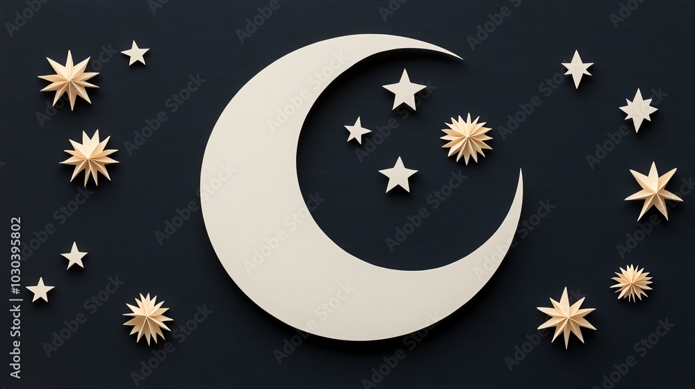 Poster detailed paper cut crescent moon and star pattern with intricate celestial elements and fine lines, 
