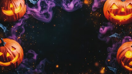 A spooky Halloween party border featuring glowing orange pumpkins, black bats, and swirling purple smoke, arranged against a dark black background, creating a vibrant and eerie frame.