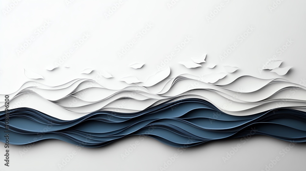 Poster intricate paper cut wave pattern with flowing, overlapping curves and finely detailed lines, paper c