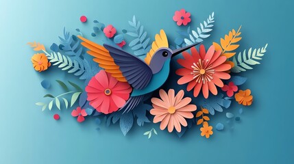 Fototapeta premium Paper cut hummingbird pattern with intricate wing details and layered floral elements, paper cut hummingbird, intricate wildlife pattern