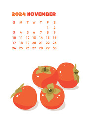 November calendar illustration for the fall season with persimmons drawn in the background.