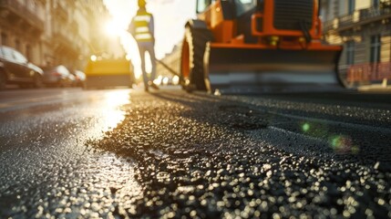 Interactive photo of asphalt pavement. Note that the focus is on a worker using a trowel to smooth fresh hot glowing blacktop for a parisian road,