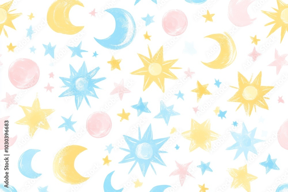 Poster playful pastel celestial pattern with moons stars and sun shapes representing the whimsy and imagina