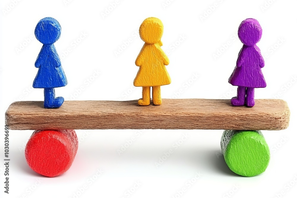 Poster colorful figurines standing on a balance beam symbolizing teamwork equality and harmony in a visuall