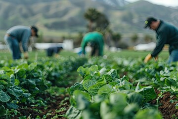 Naklejka premium produced hard-working farm workers harvesting green vegetables in the field. Several people were picking fresh greens for cooking or eating at home, with a blurred background mountains in California.
