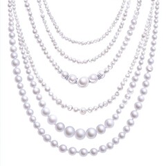 Fototapeta premium A set of pearl necklaces, classic jewelry, watercolor style, lustrous white pearls, soft shading, delicate chains, isolated on white background,