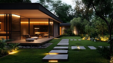 A modern garden pathway illuminated at night by sleek LED lights, leading to a contemporary house. The ambient lighting enhances the tranquil evening atmosphere and architectural details.