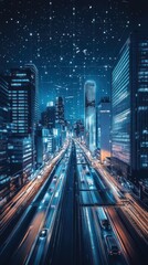 Fototapeta premium A Nighttime View of a Busy Highway in a City, with a Network of Illuminated Lines and a Starry Sky
