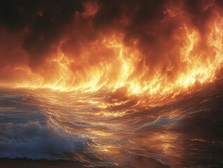 Obraz premium a fiery beach scene where the water recedes, flames illuminating the area as an enormous blue wave rushes to extinguish the inferno, creating a stunning juxtaposition of fire and water