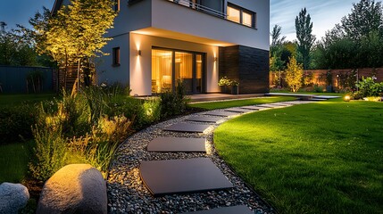 A modern garden pathway illuminated at night by sleek LED lights, leading to a contemporary house. The ambient lighting enhances the tranquil evening atmosphere and architectural details.