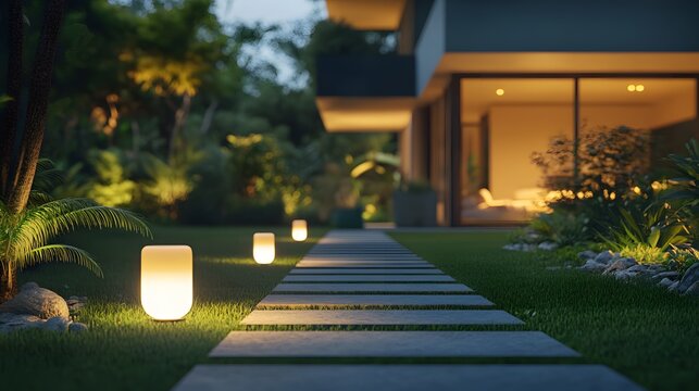 A modern garden pathway illuminated at night by sleek LED lights, leading to a contemporary house. The ambient lighting enhances the tranquil evening atmosphere and architectural details.
