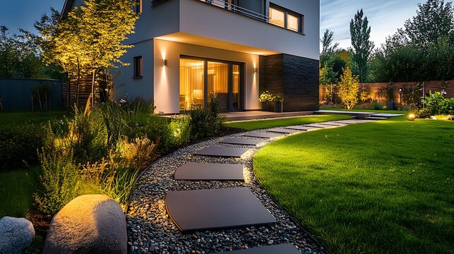 A modern garden pathway illuminated at night by sleek LED lights, leading to a contemporary house. The ambient lighting enhances the tranquil evening atmosphere and architectural details.