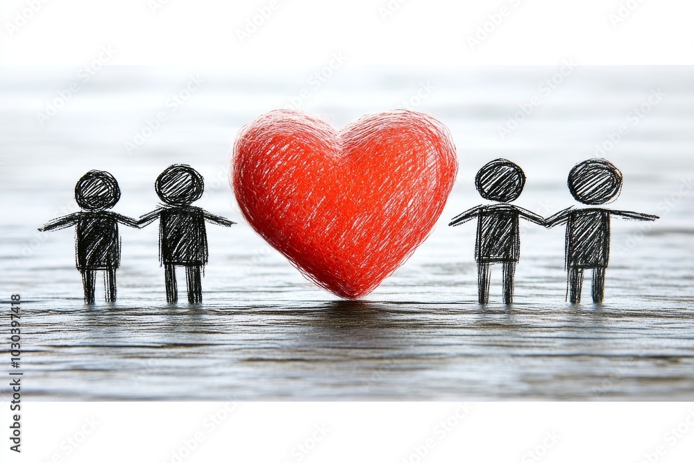 Poster stick figures holding hands around a red heart symbolizing love unity and emotional connection in a 