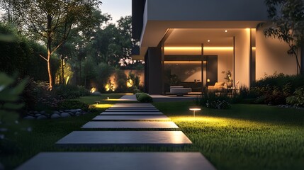 A modern garden pathway illuminated at night by sleek LED lights, leading to a contemporary house. The ambient lighting enhances the tranquil evening atmosphere and architectural details.