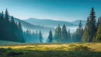 Obraz premium Majestic forest landscape with foggy mountains in the background, morning sunlight creating a misty atmosphere, lush green meadow and tall trees under the blue sky.