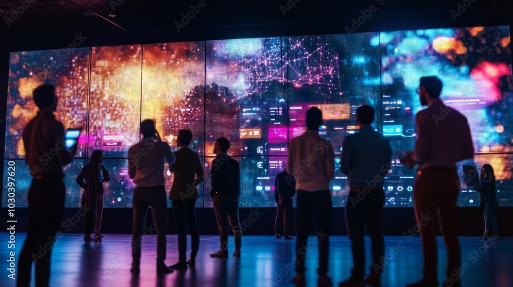 Leinwandbilder A group of people stand in front of a large screen displaying colorful data and patterns. The screen is divided into sections, each showing different data and information
