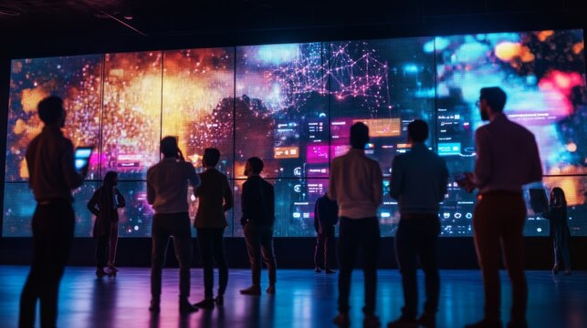 A group of people stand in front of a large screen displaying colorful data and patterns. The screen is divided into sections, each showing different data and information