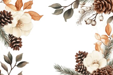 Elegant Winter Floral Frame with Pinecones and Leaves