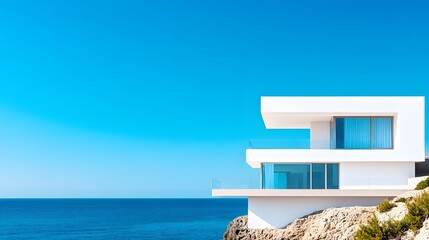 Fototapeta premium A modern luxury beachfront villa with minimalist architecture and floor-to-ceiling windows, overlooking azure waters. The stunning seaside property embodies contemporary design.