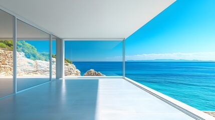 Obraz premium A modern luxury beachfront villa with minimalist architecture and floor-to-ceiling windows, overlooking azure waters. The stunning seaside property embodies contemporary design.