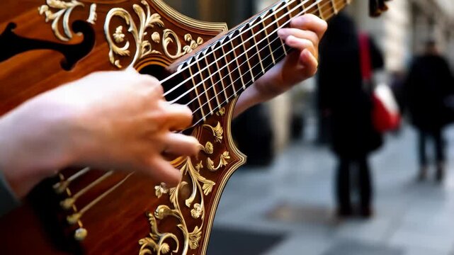 Musician Playing Ornate Cittern on Street