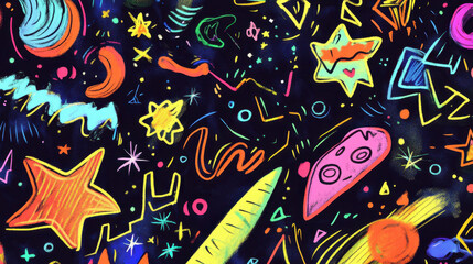 Vibrant abstract doodles with diverse shapes and patterns on a black background
