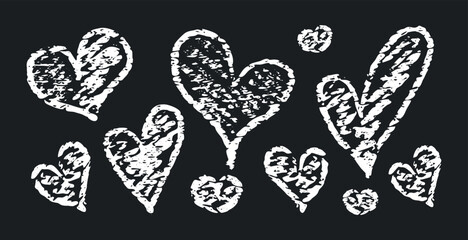 Chalk doodle hearts. Crayon hand drawn pencil heart set. Charcoal symbol of love. Vector design elements for Valentine Day isolated on black background