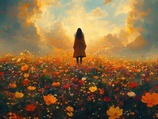 a girl standing in a vibrant flowering meadow, feeling the energy of the season as colorful wildflowers bloom around her under a bright sky, reflecting joy and connection to nature
