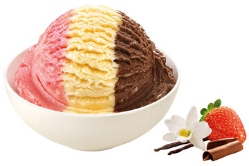 pote com sorvete de morango, baunilha e chocolate acompanhado de pedaço de chocolate, flor de baunilha e morango fresco isolado em fundo transparente