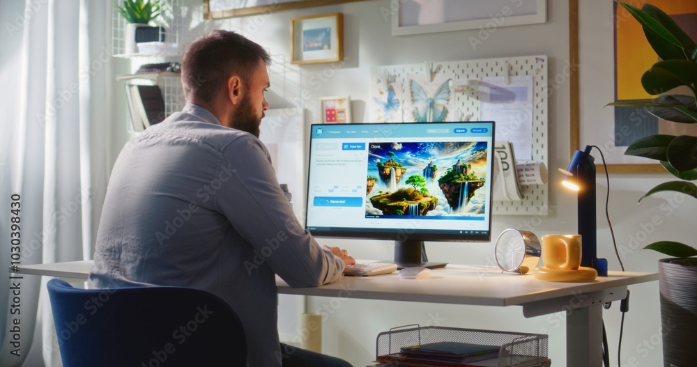 Poster adult man enters prompt in artificial intelligence chatbot on personal computer. ai video generator 