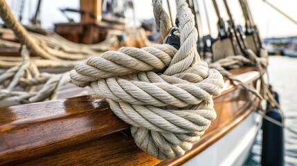 Obraz premium Close-Up of Ropes and Knots on Docked Ship