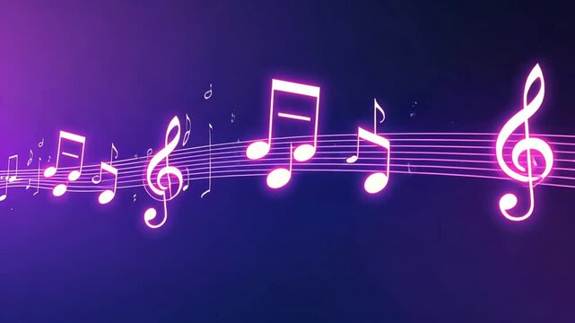 Glowing pink musical notes flowing on a staff against a dark background. Seamless looping 4k time-lapse video background.