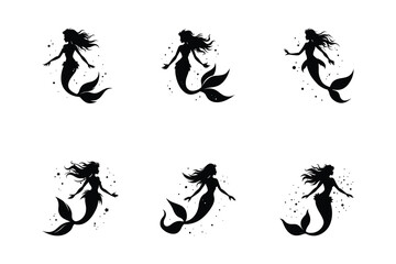 Set of Elegant Mermaid Silhouettes, A Collection of Mythical Icons in Vector Art