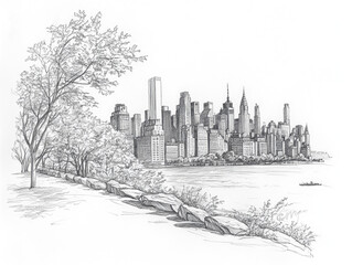 Hand-drawn sketch of New York City skyline with Central Park