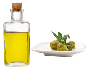 garrafa com azeite e prato com azeitona verde isolado em fundo transparente