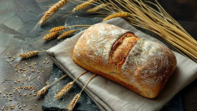 A fresh loaf of bread sits on a linen napkin, surrounded by wheat stalks
