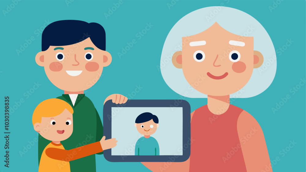 Poster vision aid devices a grandparent using a portable electronic magnifier while viewing a family photo 