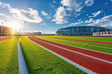 Fototapeta premium modern sports complex with red running track and green grass field, blue sky with clouds, modern architecture building in the background,