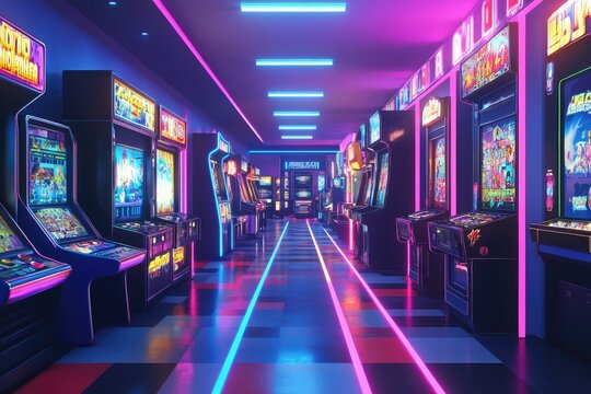 Vibrant Arcade Aisle with Retro Game Machines