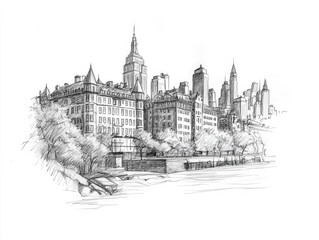 Fototapeta premium Hand-drawn sketch of New York City skyline with Central Park