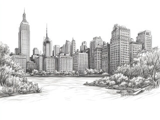 Fototapeta premium Hand-drawn sketch of New York City skyline with Central Park