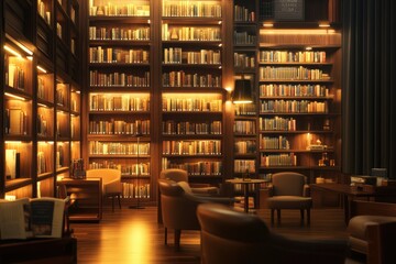 Cozy Library Space with Warm Lighting and Books